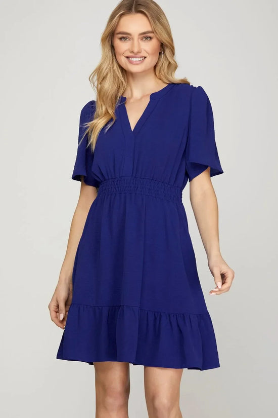 She + Sky Ruffled Hem Notched Flutter Sleeve Mini Dress-0