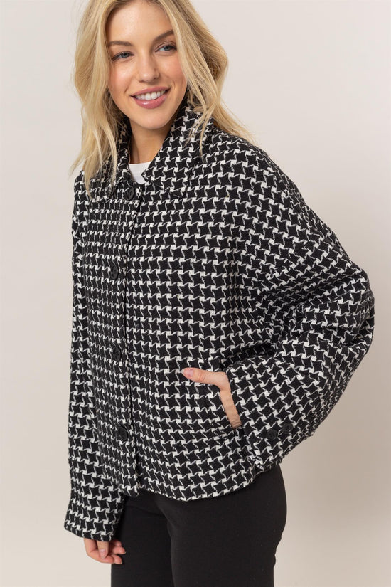 HYFVE Tweed Plaid Button Up Collared Neck Jacket-0