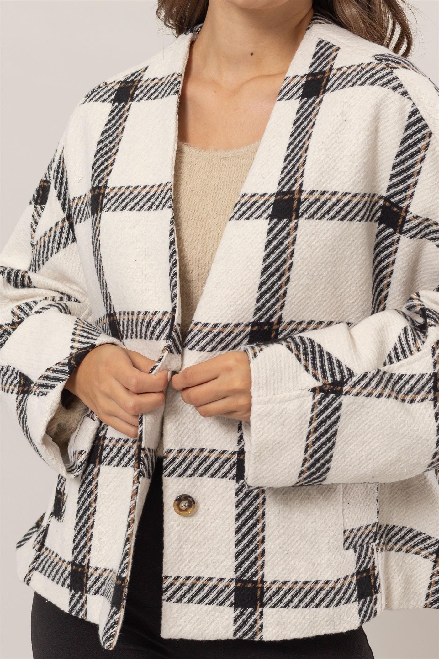 HYFVE Plaid Long Sleeve Jacket with Side Slit Pockets-3