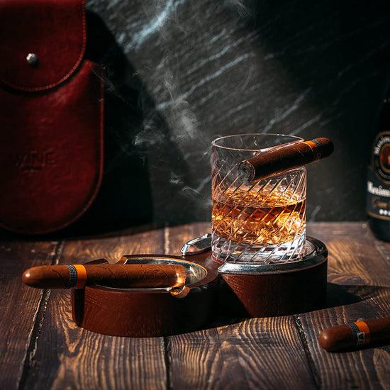 The Wine Savant Luxurious Cigar Glass - In A Leather Horseshoe Storage Case Whiskey Glassware with Cigar Holder - 10oz Cigar Holder Whiskey, Ash Tray - Dad, Men Home Office, Leather Gifts-1