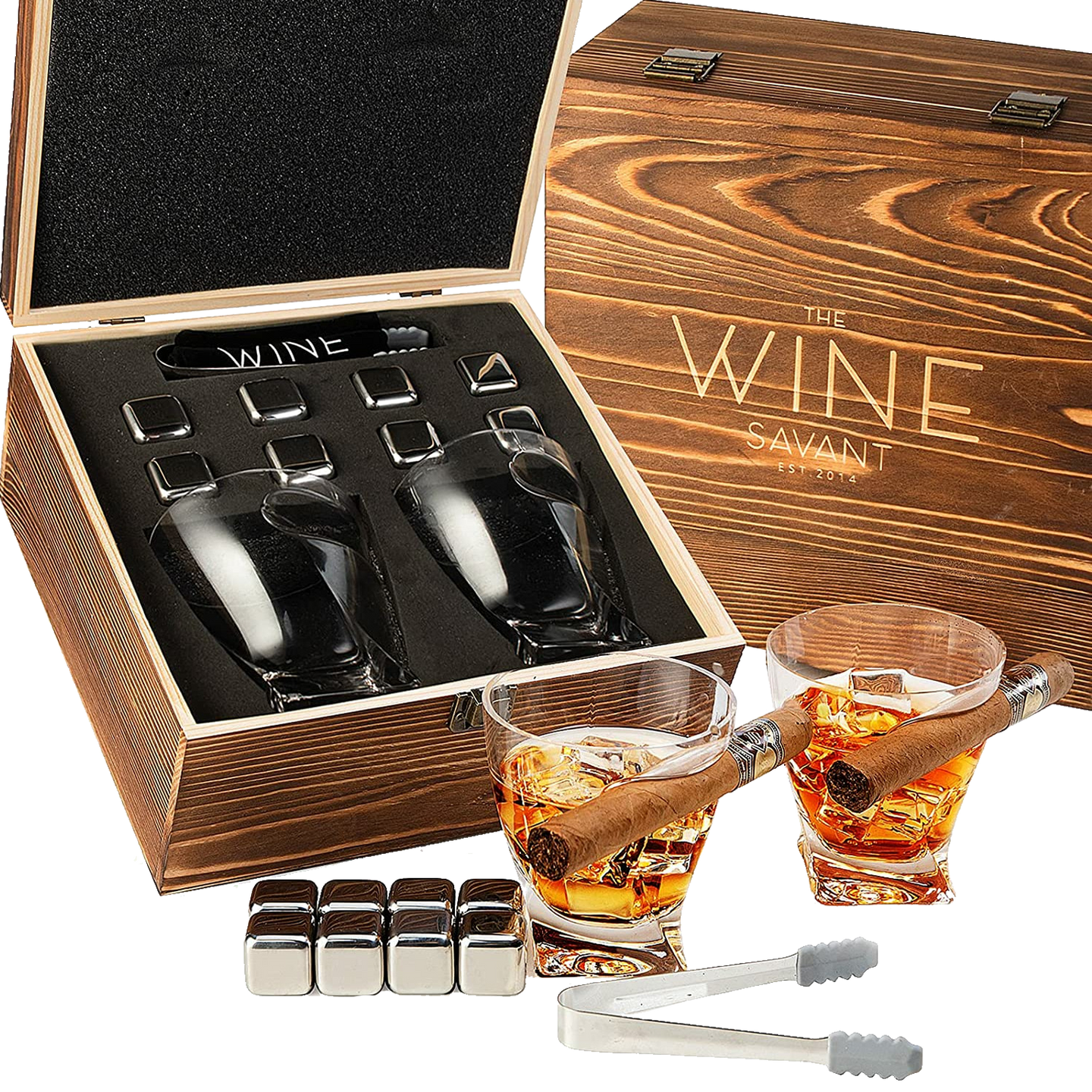 The Wine Savant Luxurious Cigar Glasses - Whiskey glass with Cigar Holder - Set of 2, 10oz Cigar Holder Whiskey Glasses, Tongs, 8 Cube Chilling Rocks Stones - Set in Premium Wood Box Gift for Any Bar-0