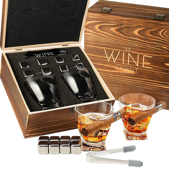 The Wine Savant Luxurious Cigar Glasses - Whiskey glass with Cigar Holder - Set of 2, 10oz Cigar Holder Whiskey Glasses, Tongs, 8 Cube Chilling Rocks Stones - Set in Premium Wood Box Gift for Any Bar-0