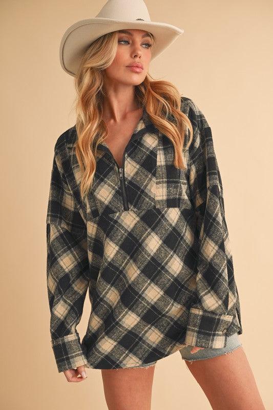 Aemi + Co Slit Plaid Half Zip Drop Shoulder Top-0