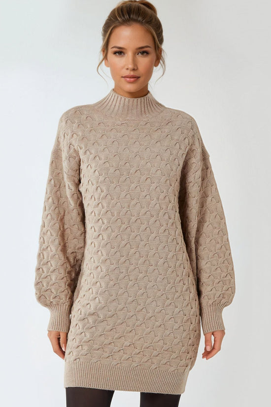 Beige Balloon Sleeve Knit Mini Dress-0