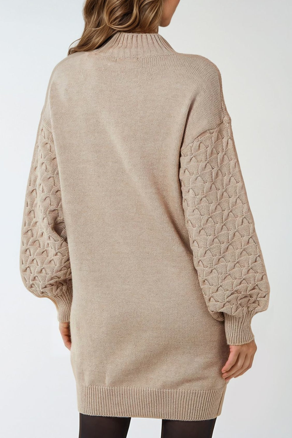Beige Balloon Sleeve Knit Mini Dress-2