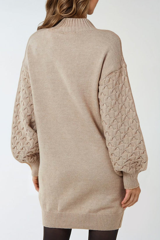 Beige Balloon Sleeve Knit Mini Dress-2