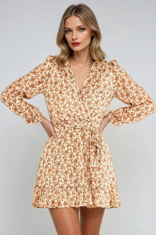 Beige Floral Wrap Mini Dress-0