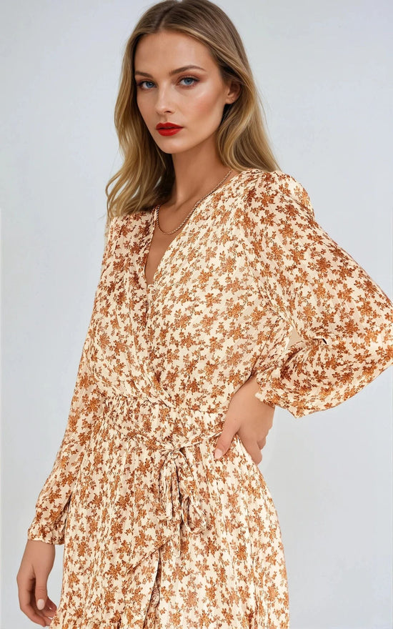 Beige Floral Wrap Mini Dress-1