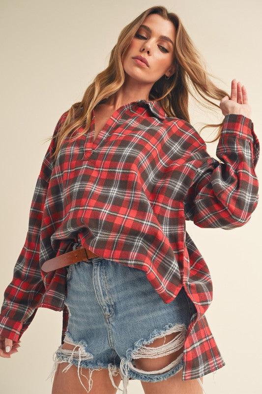 Aemi + Co Side Slit High-Low Plaid Long Sleeve Polo Shirt-1