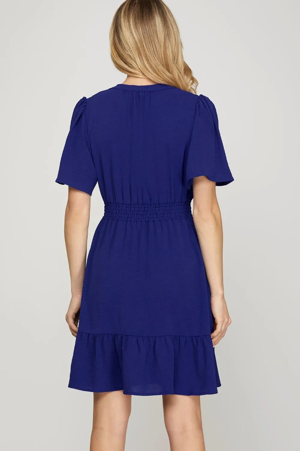She + Sky Ruffled Hem Notched Flutter Sleeve Mini Dress-1