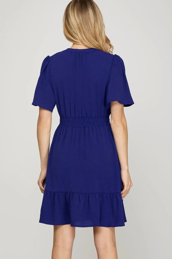 She + Sky Ruffled Hem Notched Flutter Sleeve Mini Dress-1