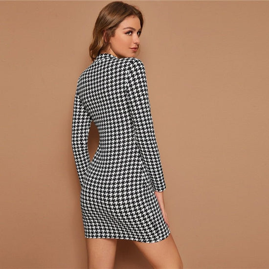 Black and White Mock Neck Houndstooth Print Bodycon Dress Women Spring Autumn Long Sleeve Elegant Pencil Fitted Dresses-3