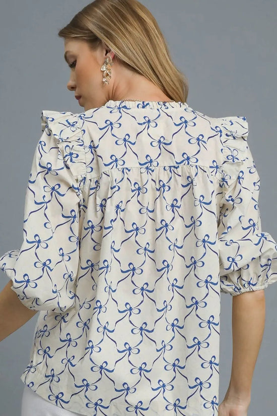 Umgee Ruffled Bow Print Notched Blouse-2