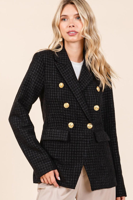 Mittoshop Plaid Texture Double-Breasted Long Sleeve Blazer-0