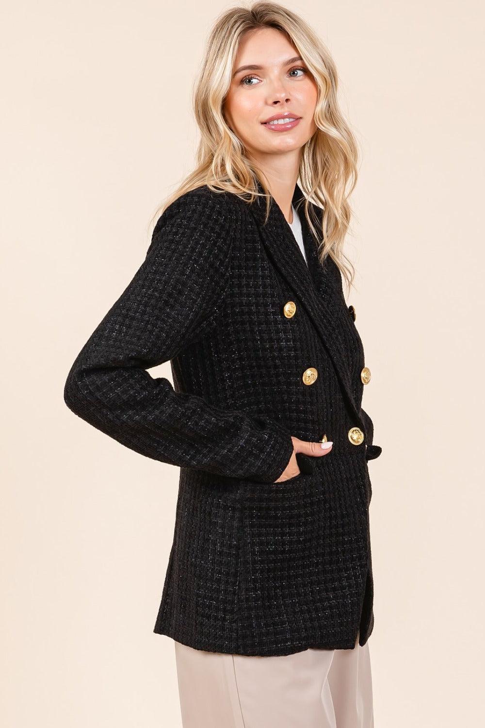 Mittoshop Plaid Texture Double-Breasted Long Sleeve Blazer-2