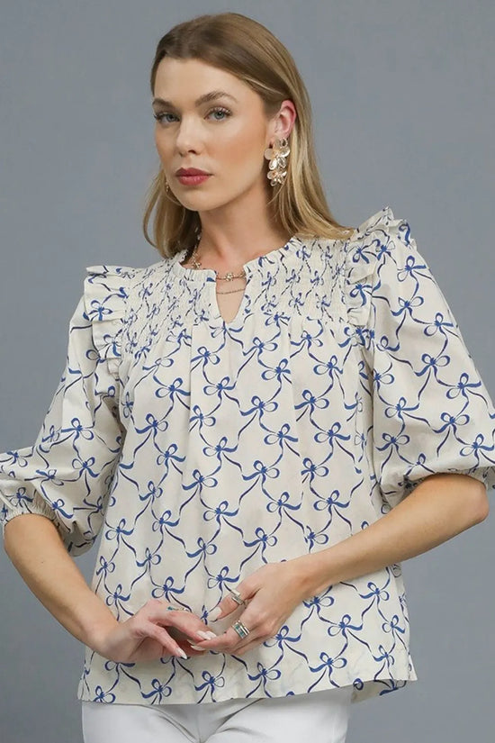 Umgee Ruffled Bow Print Notched Blouse-0