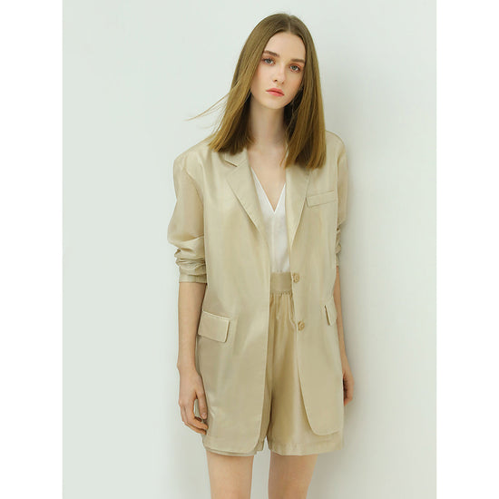 Soft Sheer Single Breasted Long Beige Blazer-0