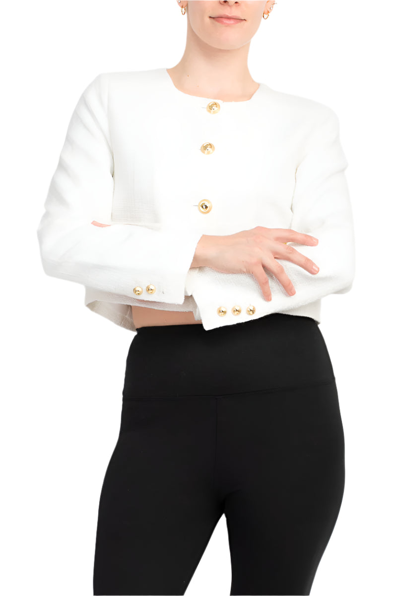T Tahari Long sleeve collarless round neck button down cropped tweed jacket with front faux pockets-0